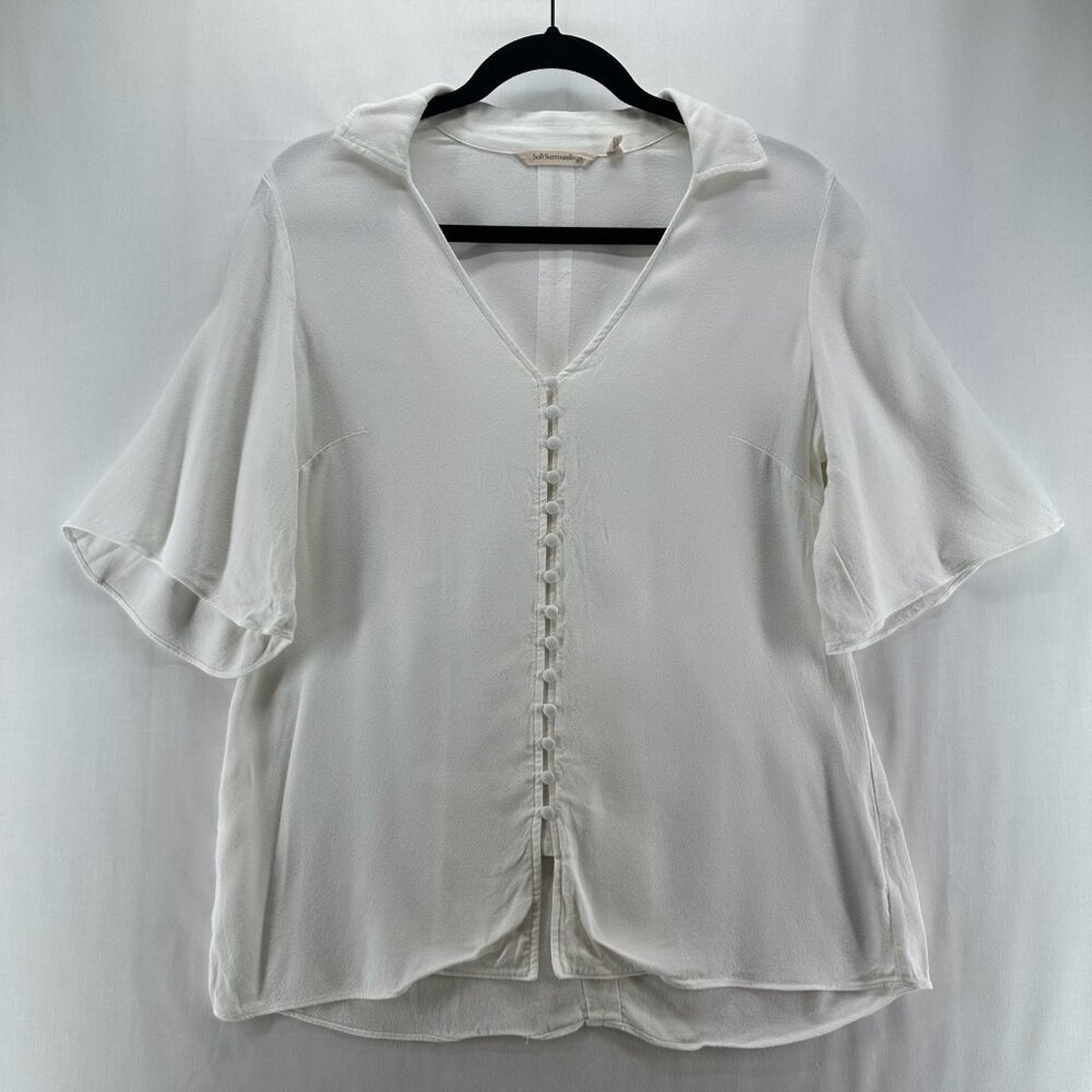 Soft Surroundings Blouse Womens Sz XS Flare Short Sleeve Button Up V-Neck White